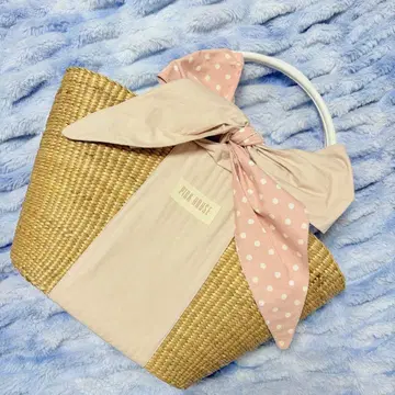 PINK HOUSE 리본 포함 도트 핑크 바스켓백