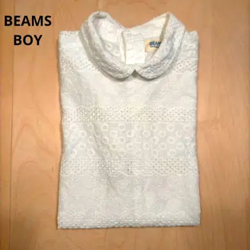 BEAMS BOY 빔즈 화이트 자수 레이스 반팔 셔츠 둥근 카라 블라우스