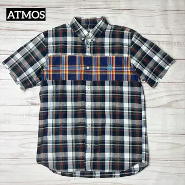 ATMOS 아토모스 자수 로고 체크 절개 반팔 셔츠 일본제
