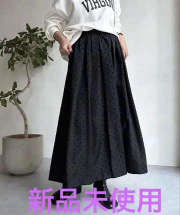 DOUDOU 도트 플로키 플레어 롱 스커트 미사용 새상품 택 포함