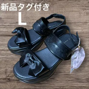 택 포함 새상품 시마무라 아오키 미사코 샌들 블랙 리본 통굽 L