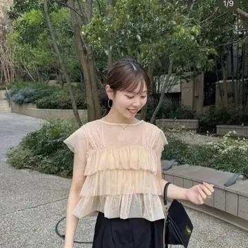 튤 프릴 프렌치 슬리브 상의 hinari