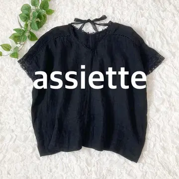 아셰트 린넨 100% 블라우스 L 블랙 검정 풀오버 리본 레이스