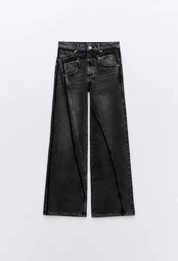 ZARA WIDE-LEG 더블 허리 미드 라이즈 데님 팬츠 블랙