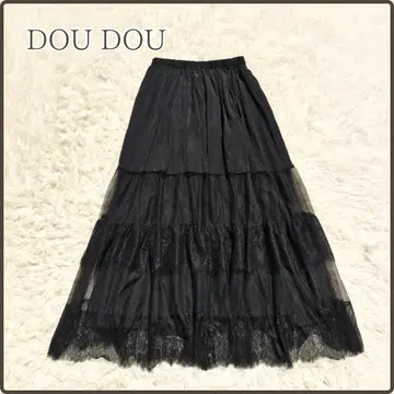 DOUDOU 레이스 절개 티어드 롱 스커트 플레어 블랙 F