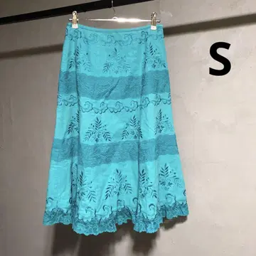 LAURA ASHLEY 린넨 혼방 플레어 스커트 자수 터콰이즈 블루
