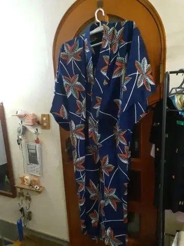 다이쇼 로망 네이비 잎 패턴 일본 의류 유카타,