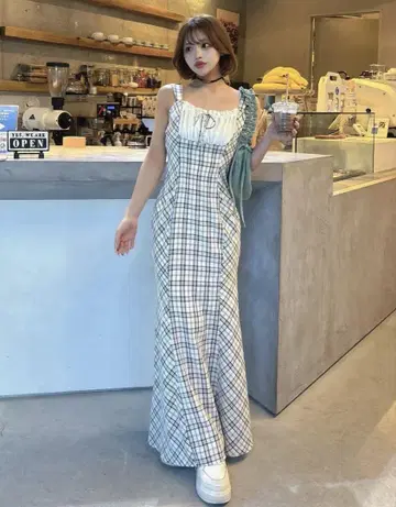 Darich 체크 머메이드 롱 원피스 블랙 S