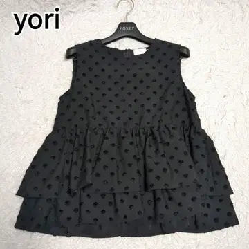 새상품급 요리 블라우스 도트 더블 프릴 티어드 슬리브리스 블랙 36