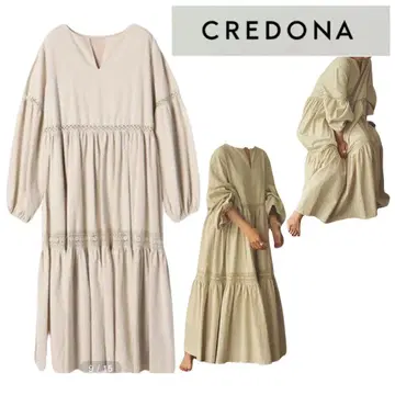 CREDONA 코튼 레이스 볼륨 원피스 면 롱 기장 자수