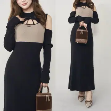 darich 바이컬러 디자인 니트 롱 원피스 베이지
