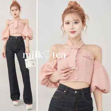 새상품 택 포함 다리치 홀터넥 오프숄더 트위드 상의 핑크