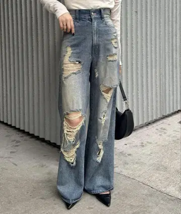 chico 데미지 와이드 데님 팬츠 블루