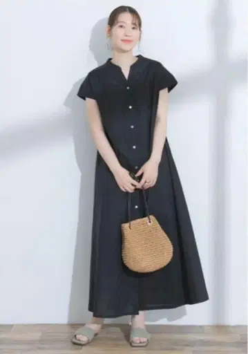 Fby ROSSO 프렌치 슬리브 셔츠 원피스 롱 반팔 블랙 블랙
