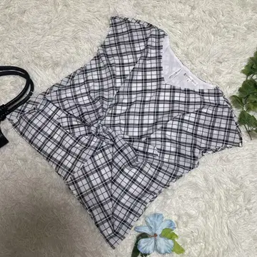 컨디션 최상 쿠미쿄쿠 반팔 블라우스 체크 허리 조임 3 [L]