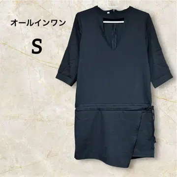 블랙 V넥 올인원 살로펫 블랙 큐롯 팬츠 [S]