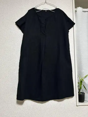 무인양품 린넨 100% 블랙 반팔 셔츠 원피스 L