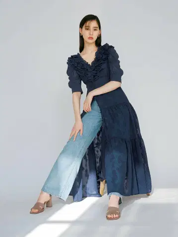 SNIDEL 신키 유코 SWEET 콜라보 원피스 네이비 프릴 롱