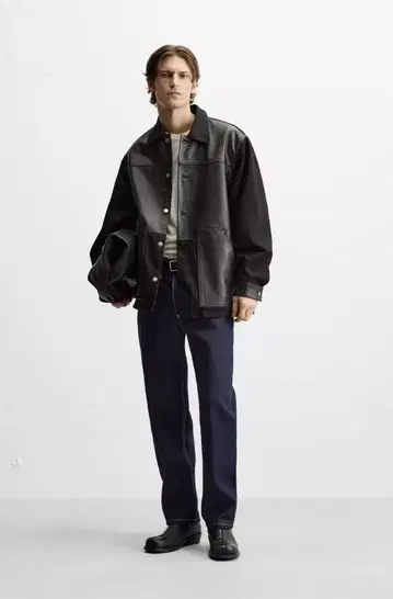 콤비 가죽 데님 자켓