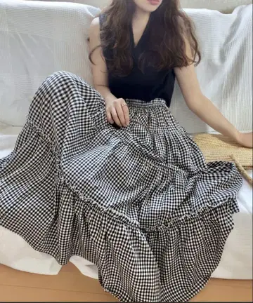 LAUIR 개더 프릴 티어드 맥시 스커트 체크 무늬 L 사이즈