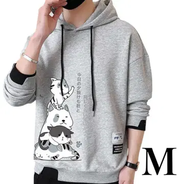 긴팔 후드티 남성용 후드 귀여운 고양이 프린트 M 그레이 빅 사이즈
