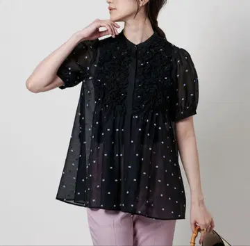 UNITED ARROWS 2톤 도트 자카드 블라우스 블랙