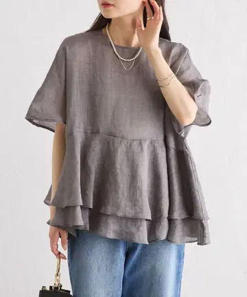 새상품급 PUAL CE CIN 라미 2겹 페플럼 블라우스 그레이