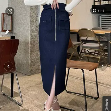 ROYALPARTY 프론트 지퍼 데님 하이 웨스트 타이트 스커트