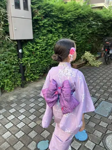 연보라색 꽃무늬 유카타 큰 리본 오비