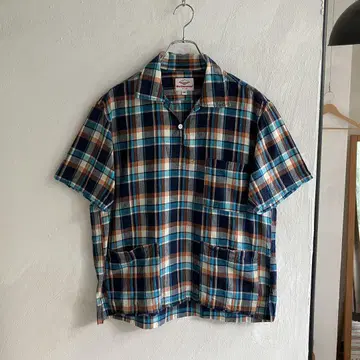 새상품급 Battenwear 풀오버 체크 셔츠 Battenwear 블루