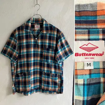 새상품급 Battenwear 풀오버 체크 셔츠 Battenwear 블루