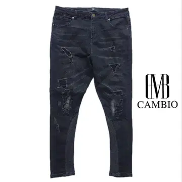 CAMBIO 밑단 리브 데미지 리페어 데님 팬츠
