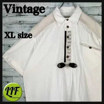 빈티지 린넨 혼방 하프 버튼 반팔 티롤리안 셔츠 화이트 XL 3909