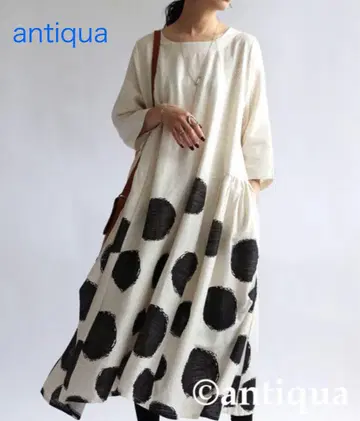 antiqua 원피스 린넨 혼방 도트 디자인 플레어 원피스