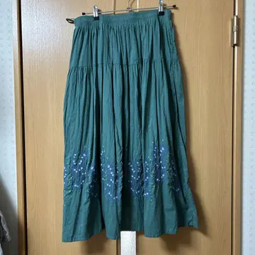 블리스 펀치 그린 꽃무늬 자수 롱 스커트