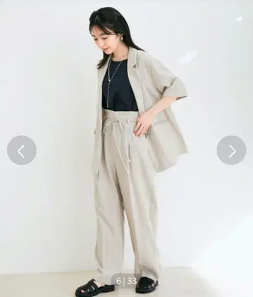 린넨 느낌의 하프 슬리브 자켓, 린넨 느낌의 팬츠 2개 세트