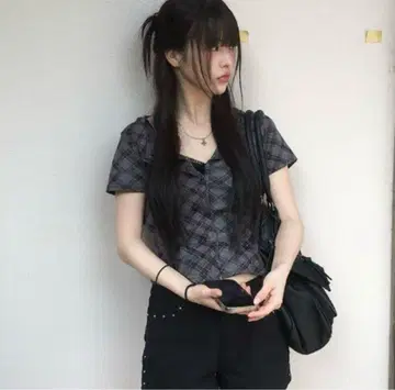 anyonemore 체크 무늬 반팔 가디건