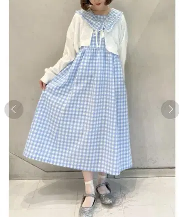 스카이블루 깅엄 체크 반팔 원피스