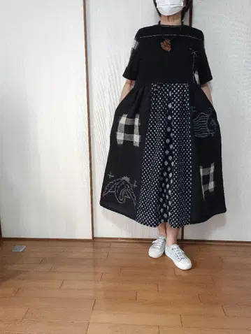 빈티지 원단 네이비 나염 그림 가리 원피스 리메이크