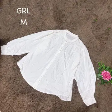 GRL/그레일 M 긴팔 셔츠 화이트 퍼프 슬리브 밴드 카라 루즈핏