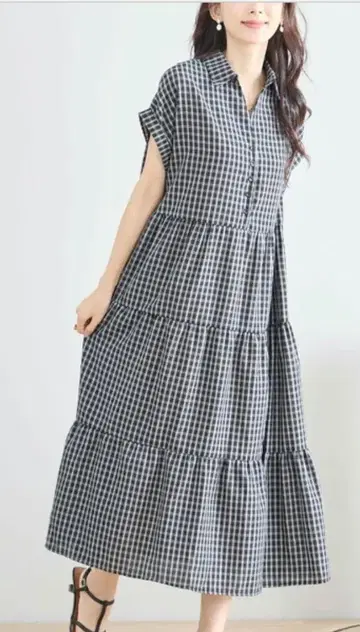 신상품 깅엄 체크 티어드 원피스 L~LL 블랙 새상품
