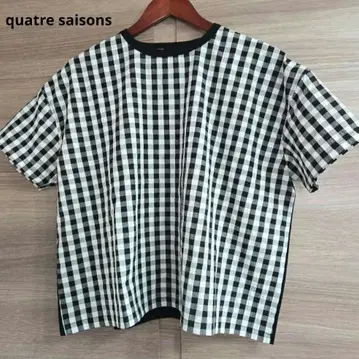 quatre saisons 깅엄 체크 이소재 믹스 반팔 풀오버