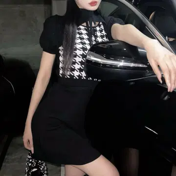 Darich 다리치 체크 리본 니트 미니 원피스 블랙 블랙