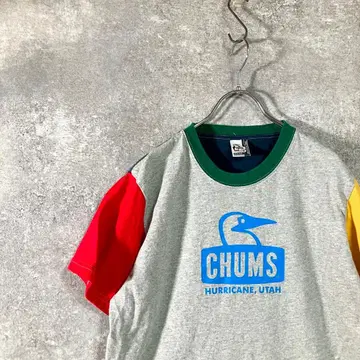 CHUMS 티셔츠 로고 프린트 크루넥 그레이 바이컬러 코튼