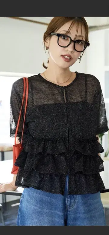 프릭스스토어 시어 라메 프릴 티어드 가디건 블랙 미사용 새상품