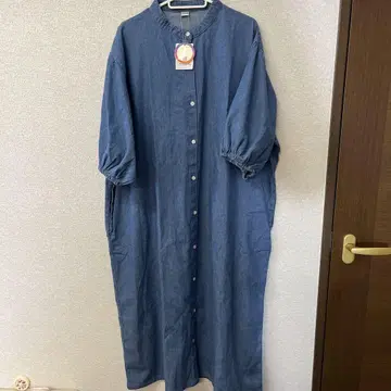 택 포함 미사용 데님 오분 소매 롱 원피스