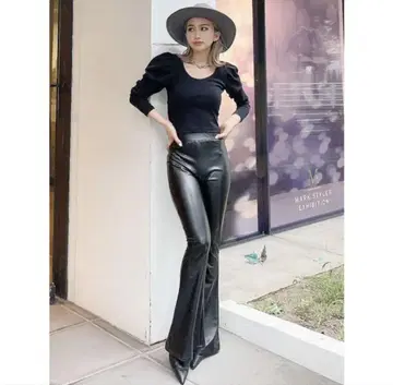 GYDA 인조 가죽 플레어 팬츠 가죽 팬츠 블랙 가죽