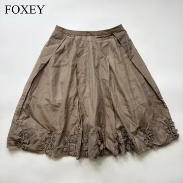 FOXEY 멀티 리본 실크 브라운 플레어 스커트 튤 시어