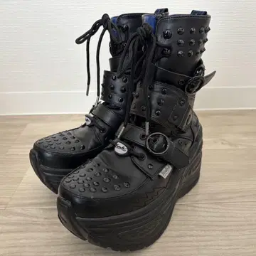 yosuke(요스케) 스터드 장식 블랙 가죽 통굽 부츠 23.5cm