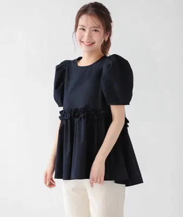 fitmore 핏모어 백리본 절개 프릴 블라우스 네이비